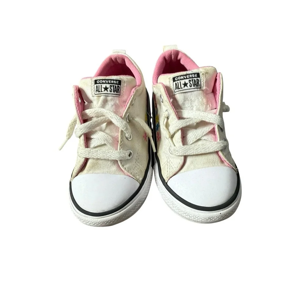 White Converse. Pink Lining. Embroidered‎ Flowers. Girl's 9